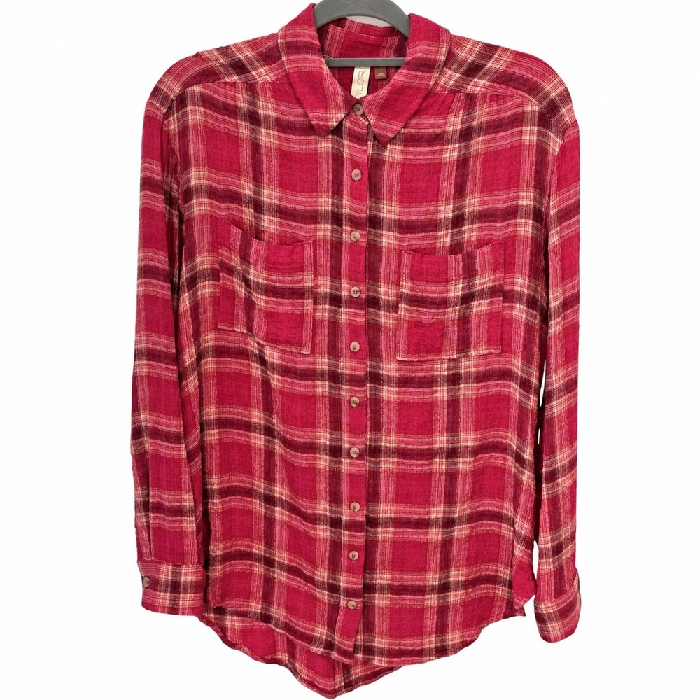 Pilcro Womens S Button Down Shirt Red Pink Plaid Textured Long Sleeve Cabincore